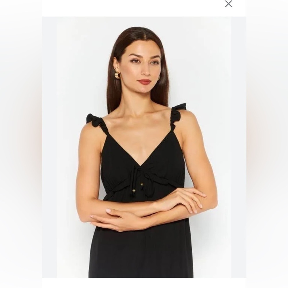 Kingston Grey Medium black ruffle straps, tie on front, empire waist maxi dress